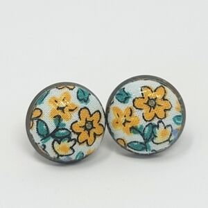 New Handmade | Upcycled Vintage Yellow Green Floral Button Stud Earrings